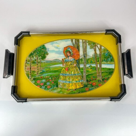Foiled Southern Belle In Garden Vintage Glass  Bakelite Handles Tea Tray - Picture 1 of 6